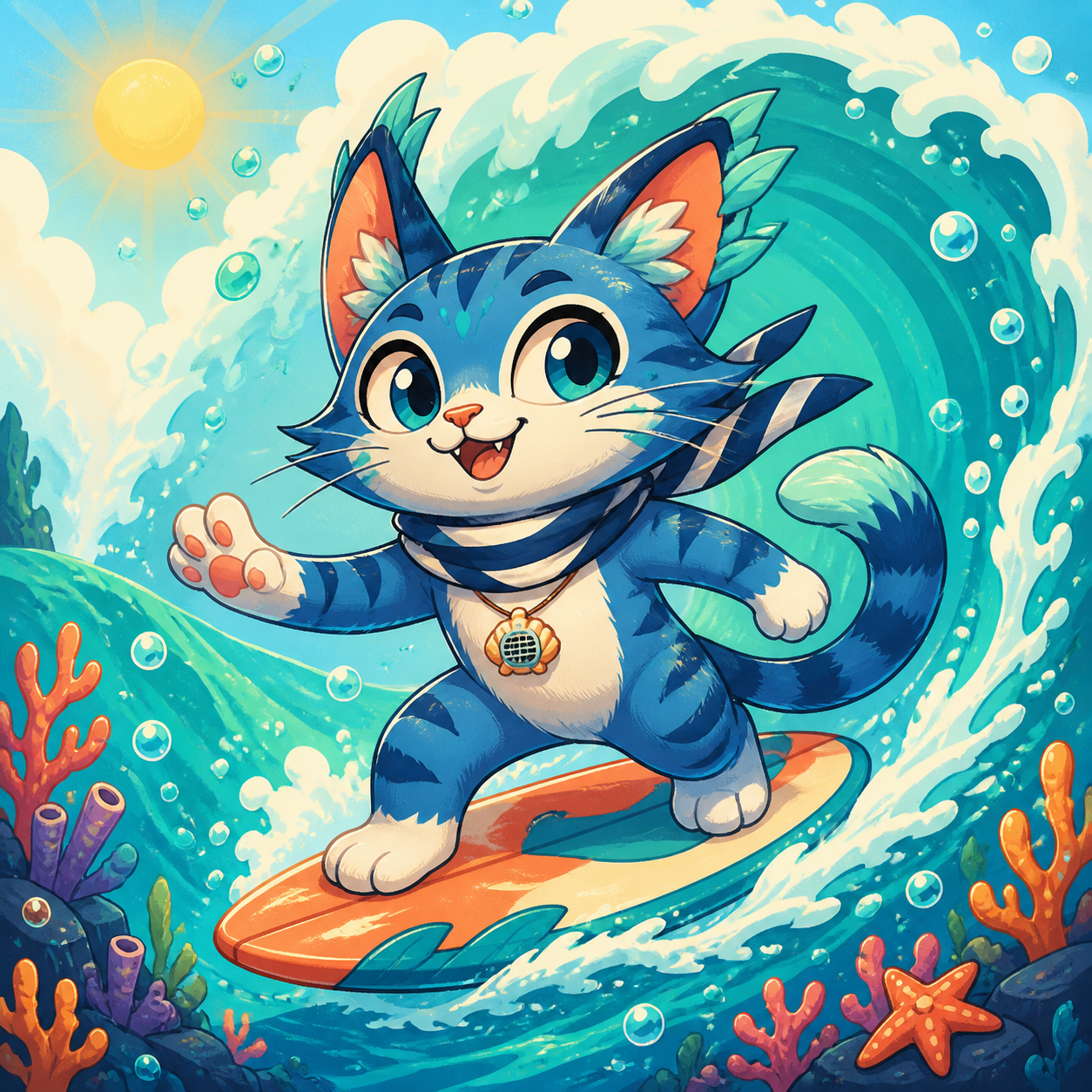 Mizu, a blue sea cat surfing